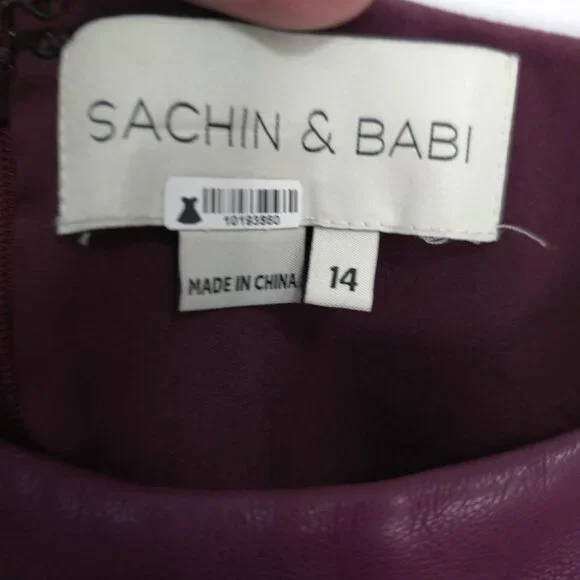 Sachin & Babi Size 14 Purple Maroon Faux Leather Midi Dress Slit Ruffle - Picture 2 of 13